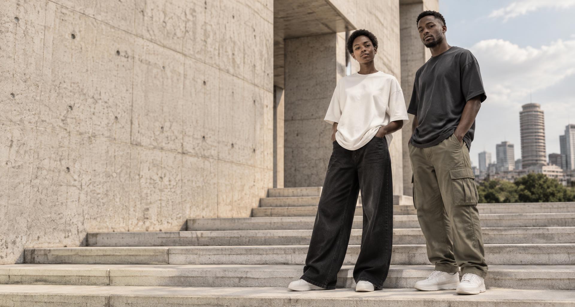 Two Urban Feels models in oversized streetwear on concrete steps, with the Nairobi skyline behind them